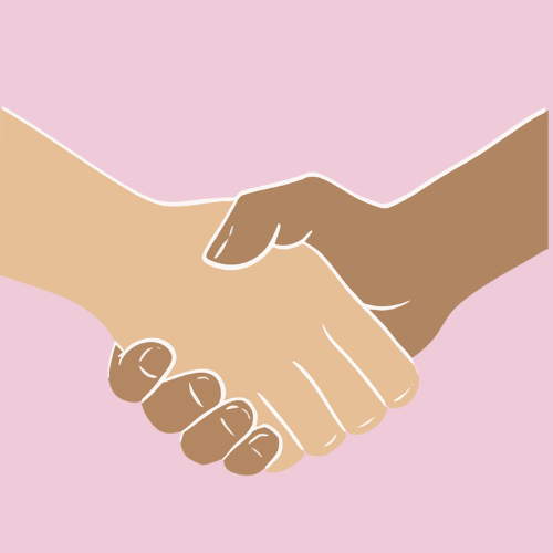 H&aring;ndtrykk mellom hender av lysere og m&oslash;rkere hudfarge. Symboliserer verdien inkluderende.