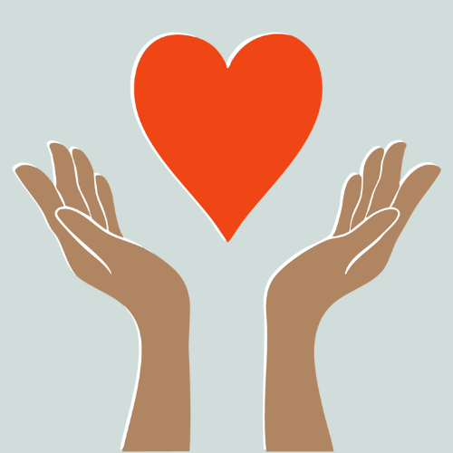 Bl&aring; bakrunn med to h&aring;ndflater mot hverandre som holder under et r&oslash;dt hjerte. Viser visjonen Skape.