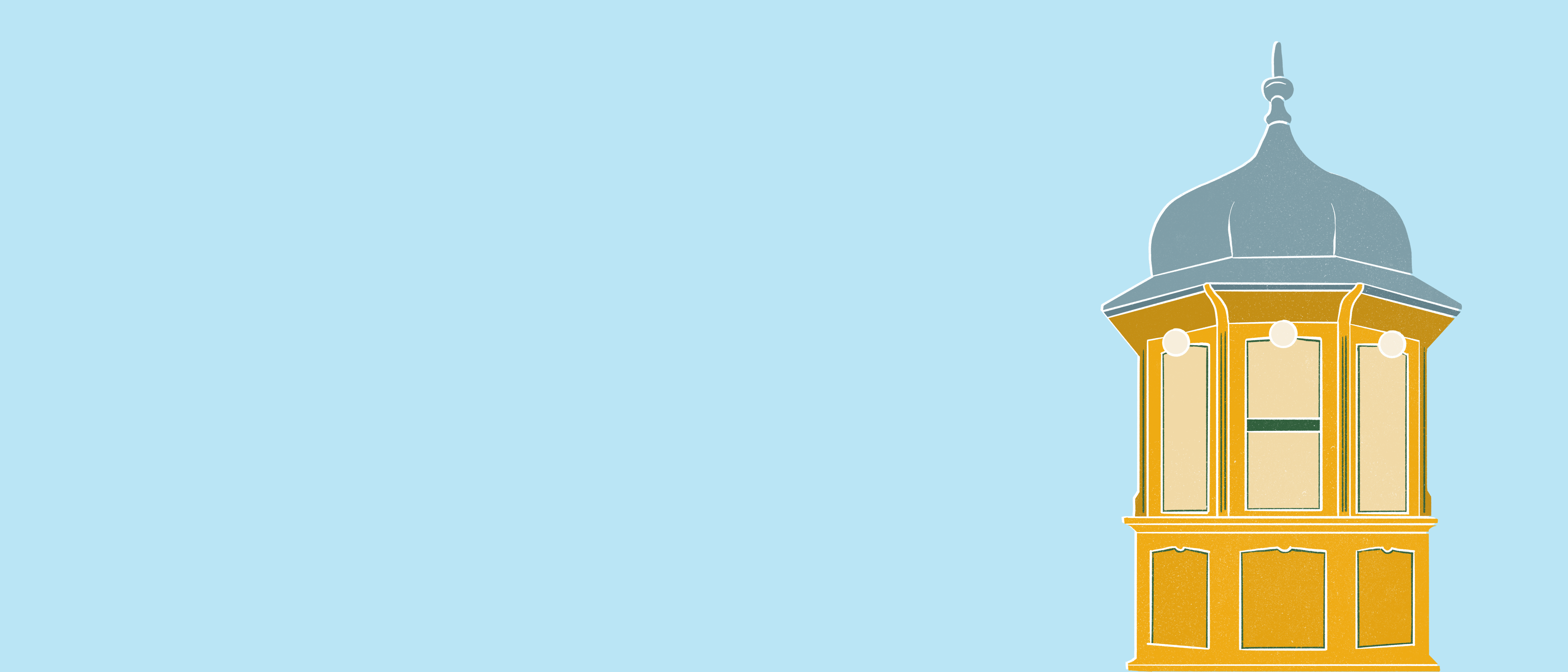 Bl&aring; bakgrunn med tegnet rakettkiosken.