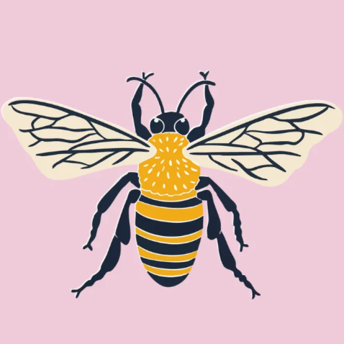 Rosa bakgrunn med en gul bie. Viser visjonen "jobbe".