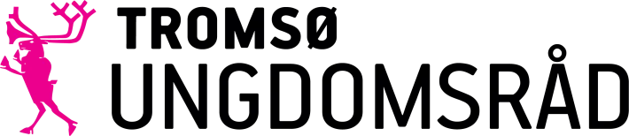 Hvit bakgrunn, svart tekst "Troms&oslash; ungdomsr&aring;d" rosa reinsdyr som st&aring;r p&aring; to bein til venstre for tekste.