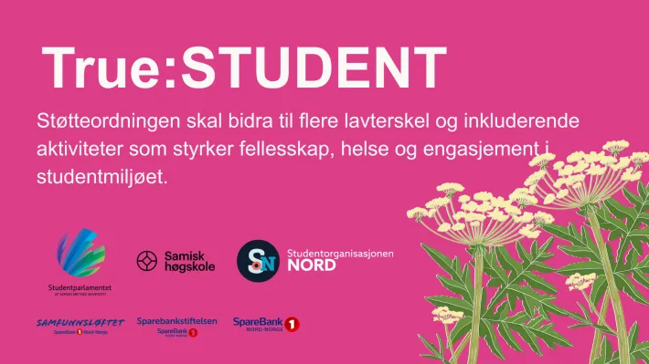 Rosa bakgrunn med teksten True:STUDENT og "st&oslash;tteordningen skal bidra til flere lavterksel og inkluderende aktiviteter som styrker fellesskap, helse og engasjement i studentmilj&oslash;et".