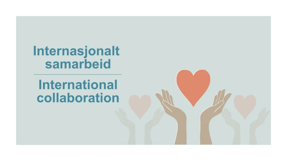 Bl&aring; bakgrunn med tekst "Internasjonalt samarbeid" p&aring; norsk og "international collaboration" p&aring; engelsk.