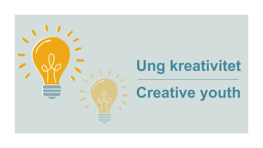 Bl&aring; bakgrunn med tekst "ung kreativitet" p&aring; norsk og "creative youth" p&aring; engelsk. 
