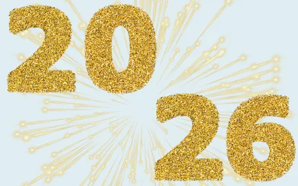 Bl&aring; bakgrunn, tekst "2026" med gullbokstaver. 