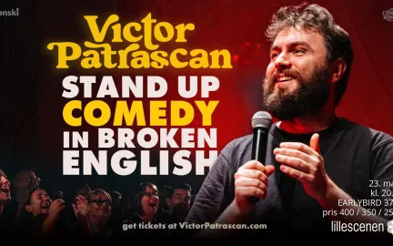 Plakat til stand up comedy in broken English med Victor Patrascan.