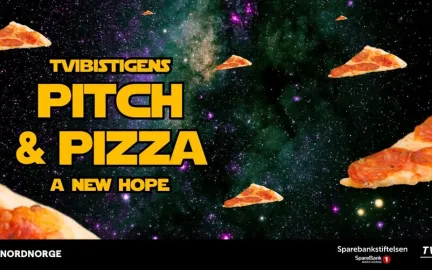 Pizza som svever i verdensrommet med teksten "Tvibitstigens Pitch & Pizza: a new hope".