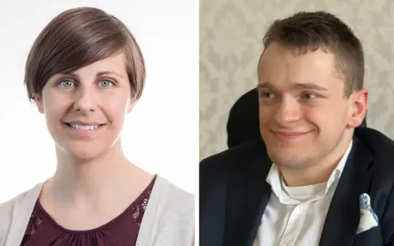 Et bilde av to personer, fra venstre til h&oslash;yre har vi Kine Olsen og Mathias Halvorsen.