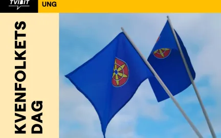 Kvenfolkets dag p&aring; Tvibit med et bilde av to kvenske flagg.