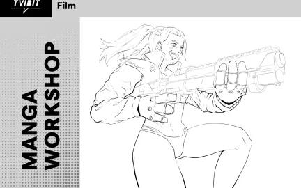 Manga Workshop med en illustrasjon av en manga karakter. 