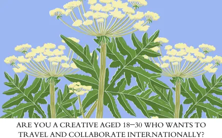 &Oslash;verst st&aring;r det: Open Call, European Exchange. Under ligger det en illustrasjon med blomster. Under er det mer tekst der det st&aring;r: Are you a creative aged 18-30 who wants to travel and collaborate internationally? Join two exchanges with young creatives from Ghent, Belgium. The theme is queer art. How you explore it is entirely up to you.