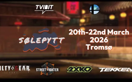 S&oslash;lepytt 20th-22nd March. Bilde av en spillebakgrunn med forskellige video spill titler som Guilty Gear, Tekken, Street fighter og 2XKO.