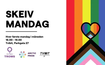 Skeiv Mandag. Hver f&oslash;rste mandag i m&aring;neden. 16:00-19:00 p&aring; Tvibit. Et bilde av et pride flagg til den h&oslash;yre siden. 