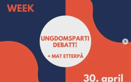 Bl&aring; og oransje illustrasjon av to hoder p&aring; motsatt side med teksten "Ungdomspartidebatt! + mat etterp&aring;".