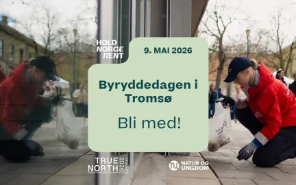 Teksten sier: Byryddedagen i Troms&oslash;, bli med! Bilde i bakgrunnen av en person som er ute og rydder.
