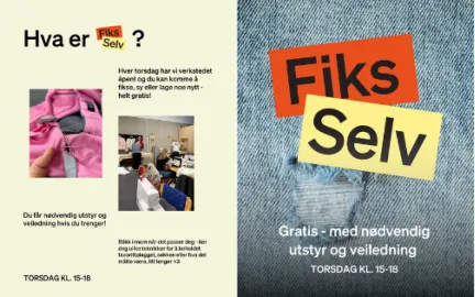 Tekst sier: Hva er Fiks Selv? Mer informasjon f&oslash;lger, og et par bilder fra Rebell.