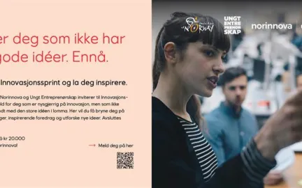Tekst som sier: Vi s&oslash;ker deg som ikke har noen gode ideer. Enn&aring;. Mer informasjon om arrangementet under, og et bilde p&aring; h&oslash;yre siden av en som holder en presentasjon.