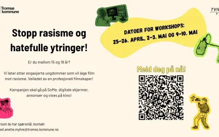 Teksten sier: Stop rasisme og hatefulle ytringer! Flere sm&aring; illustrasjoner rundt p&aring; bildet med en QR-kode.