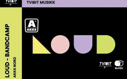 Svart bakgrunn med boble bokstaver i forskjellige farger som utgj&oslash;r "Loud". Teksten "Loud - Bandcamp, Akks nord" st&aring;r til venstre siden.