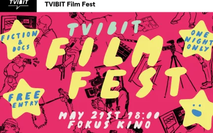 Rosa bakgrunn med forskjellige illustrasjoner i svart. Tekst i midten som sier "Tvibit film fest".