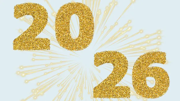 Bl&aring; bakgrunn, tekst "2026" med gullbokstaver. 