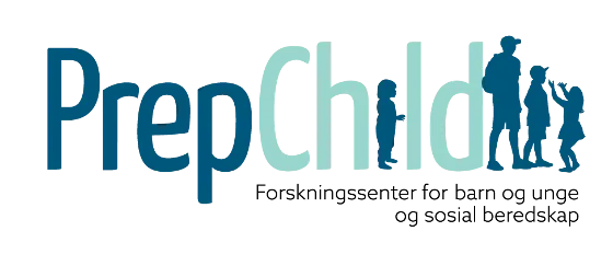 Hovedtekst som sier "PrepChild" med illustrasjoner av barn rundt teksten. Det st&aring;r "forskningssenter for barn og unge og sosial beredskap" under i mindre tekst.