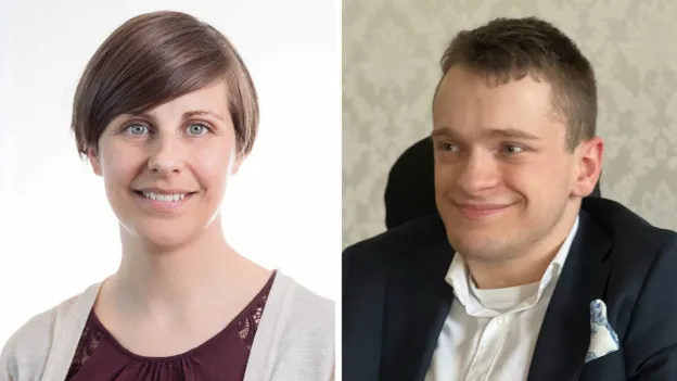 Et bilde av to personer, fra venstre til h&oslash;yre har vi Kine Olsen og Mathias Halvorsen.