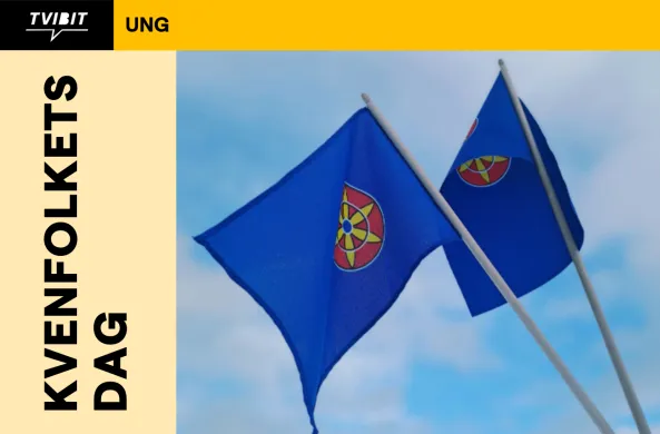 Kvenfolkets dag p&aring; Tvibit med et bilde av to kvenske flagg.