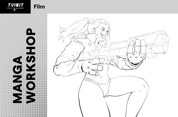 Manga Workshop med en illustrasjon av en manga karakter. 