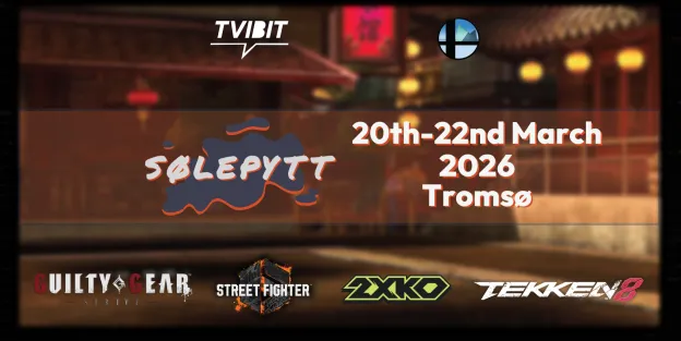 S&oslash;lepytt 20th-22nd March. Bilde av en spillebakgrunn med forskellige video spill titler som Guilty Gear, Tekken, Street fighter og 2XKO.