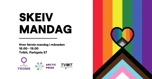 Skeiv Mandag. Hver første mandag i måneden. 16:00-19:00 på Tvibit. Et bilde av et pride flagg til den høyre siden.