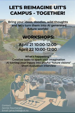 Tekst sier: Let's reimagine UiT's campus - together! Mer informasjon om tid og hva som skjer under workshoppen.