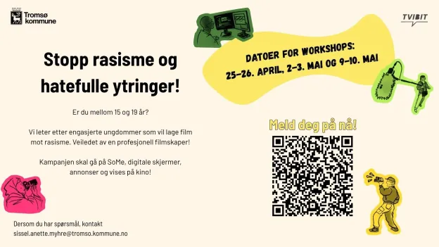 Teksten sier: Stop rasisme og hatefulle ytringer! Flere sm&aring; illustrasjoner rundt p&aring; bildet med en QR-kode.