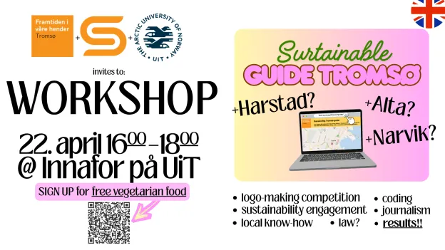 Teksten sier: Workshop 22. April 16:00 til 18:00 med informasjon om hvor og en QR kode.