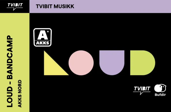 Svart bakgrunn med boble bokstaver i forskjellige farger som utgjør "Loud". Teksten "Loud - Bandcamp, Akks nord" står til venstre siden.