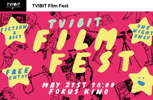 Rosa bakgrunn med forskjellige illustrasjoner i svart. Tekst i midten som sier "Tvibit film fest".
